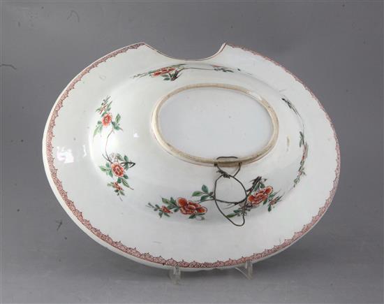 A Chinese export famille verte oval barbers bowl, Kangxi period, width 35.5cm, faults